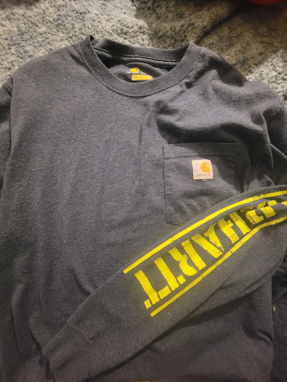 Carhartt Dark Gray Pocket Long Sleeve Tee with Yellow Logo, S